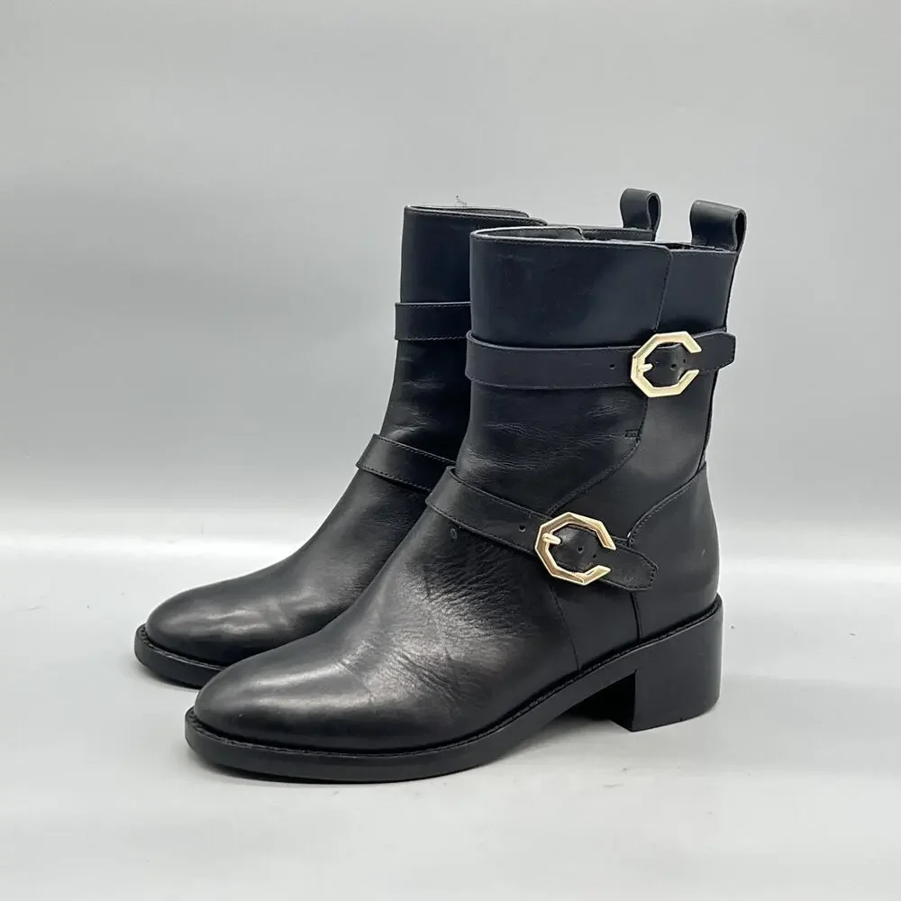 Cole Haan Boots Womens 6 Black Leather Ankle Biker Buckle Zip Block Heel Shoes